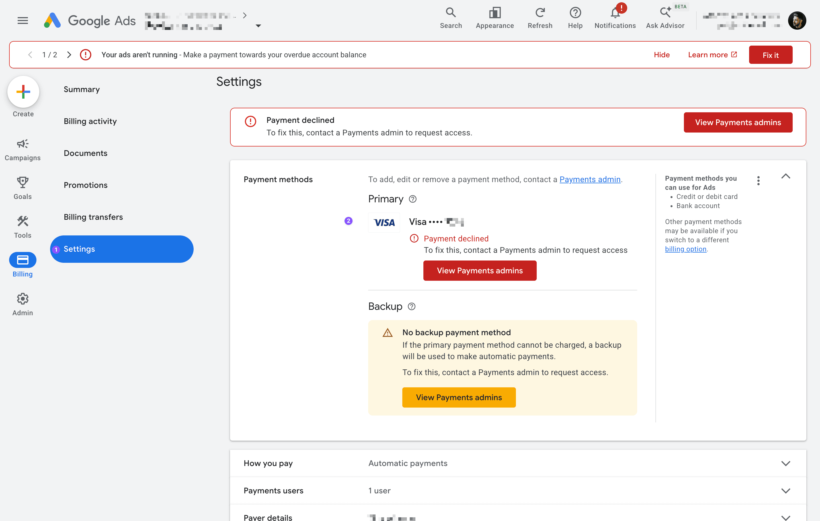 The Settings page showing a declined primary payment method
