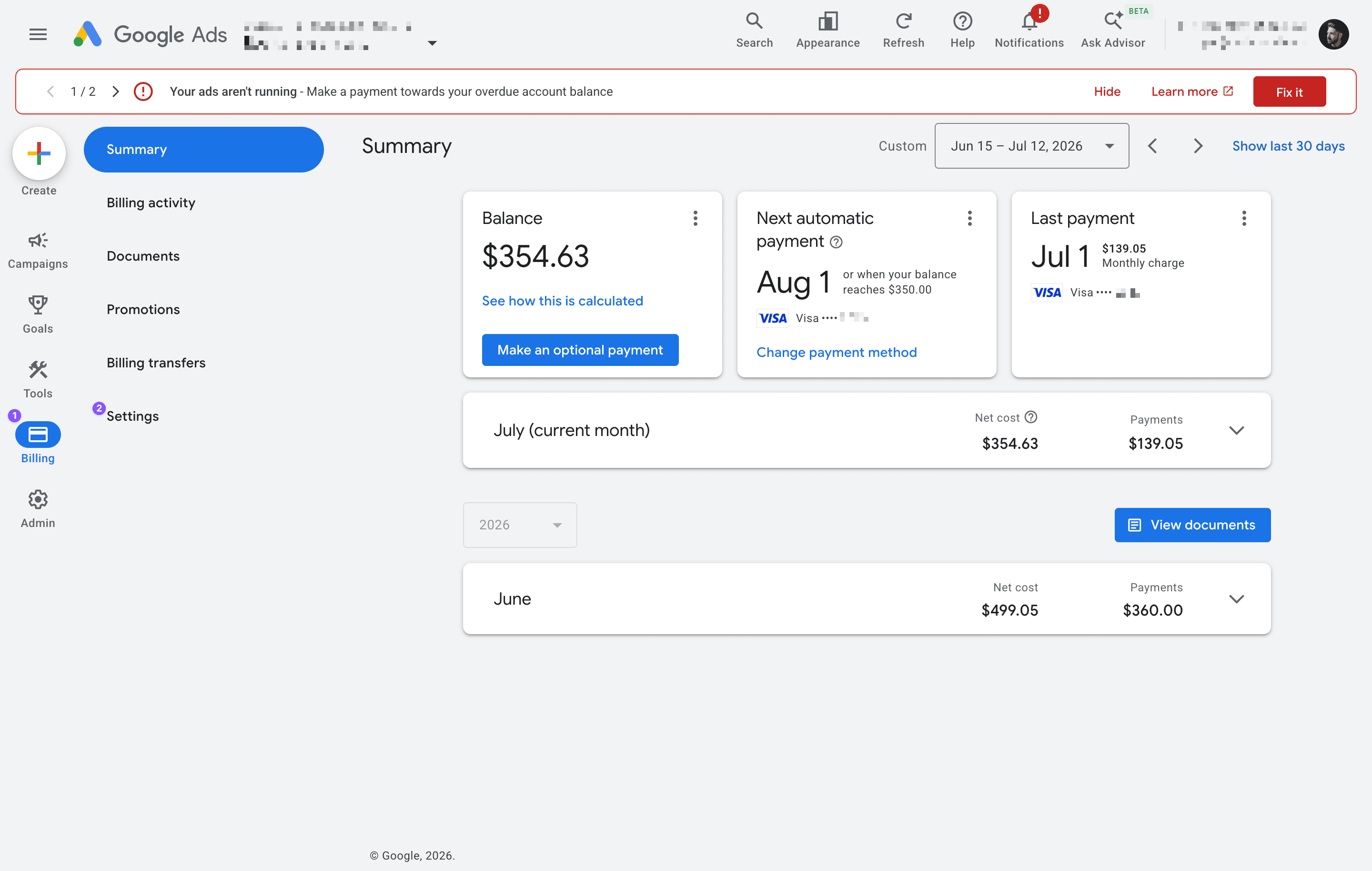 Google Ads billing — click Billing (1), then Settings (2)