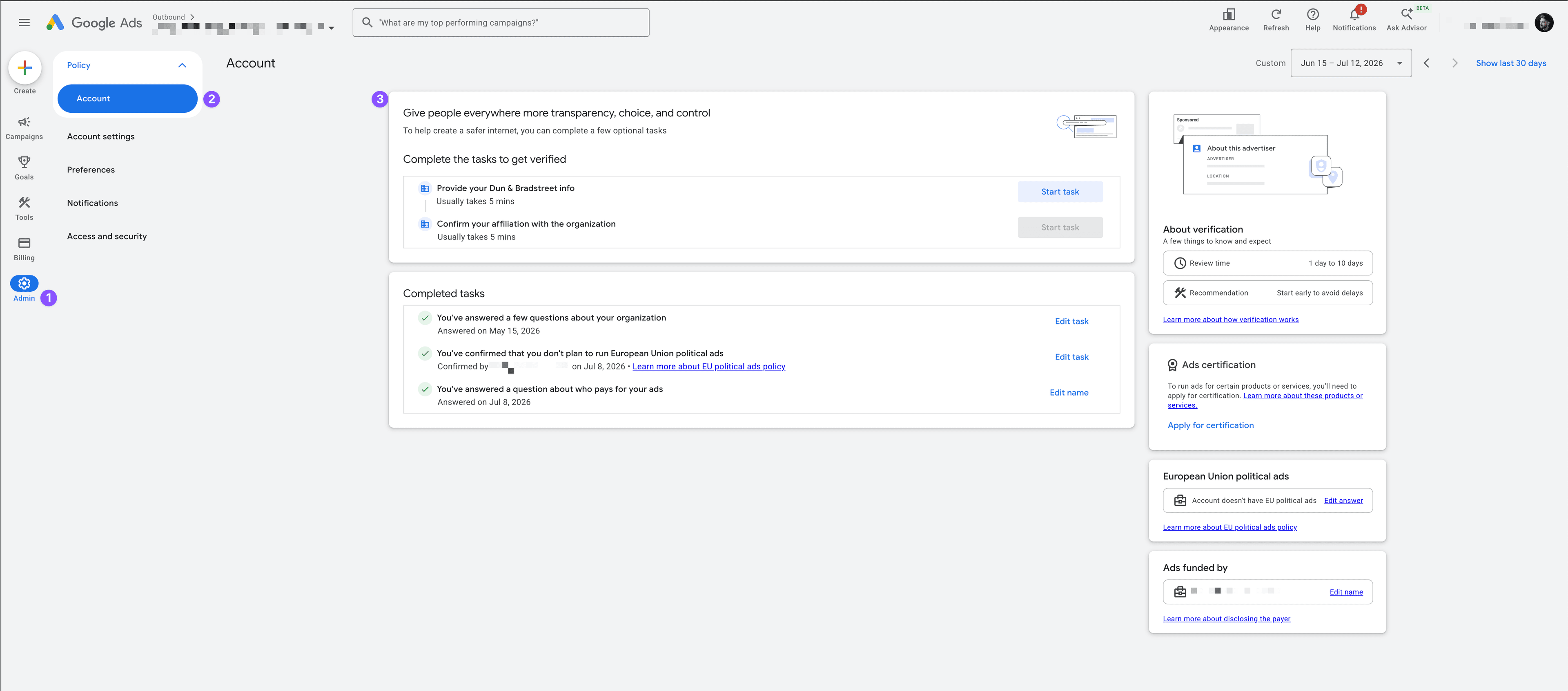 Where to find advertiser verification in Google Ads — (1) Admin, (2) Account, (3) the verification tasks card
