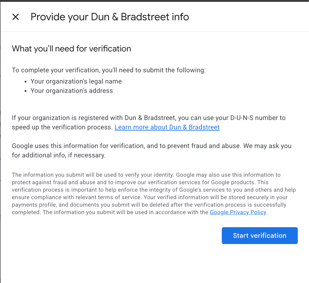 Google's "What you'll need for verification" screen listing organization legal name and address