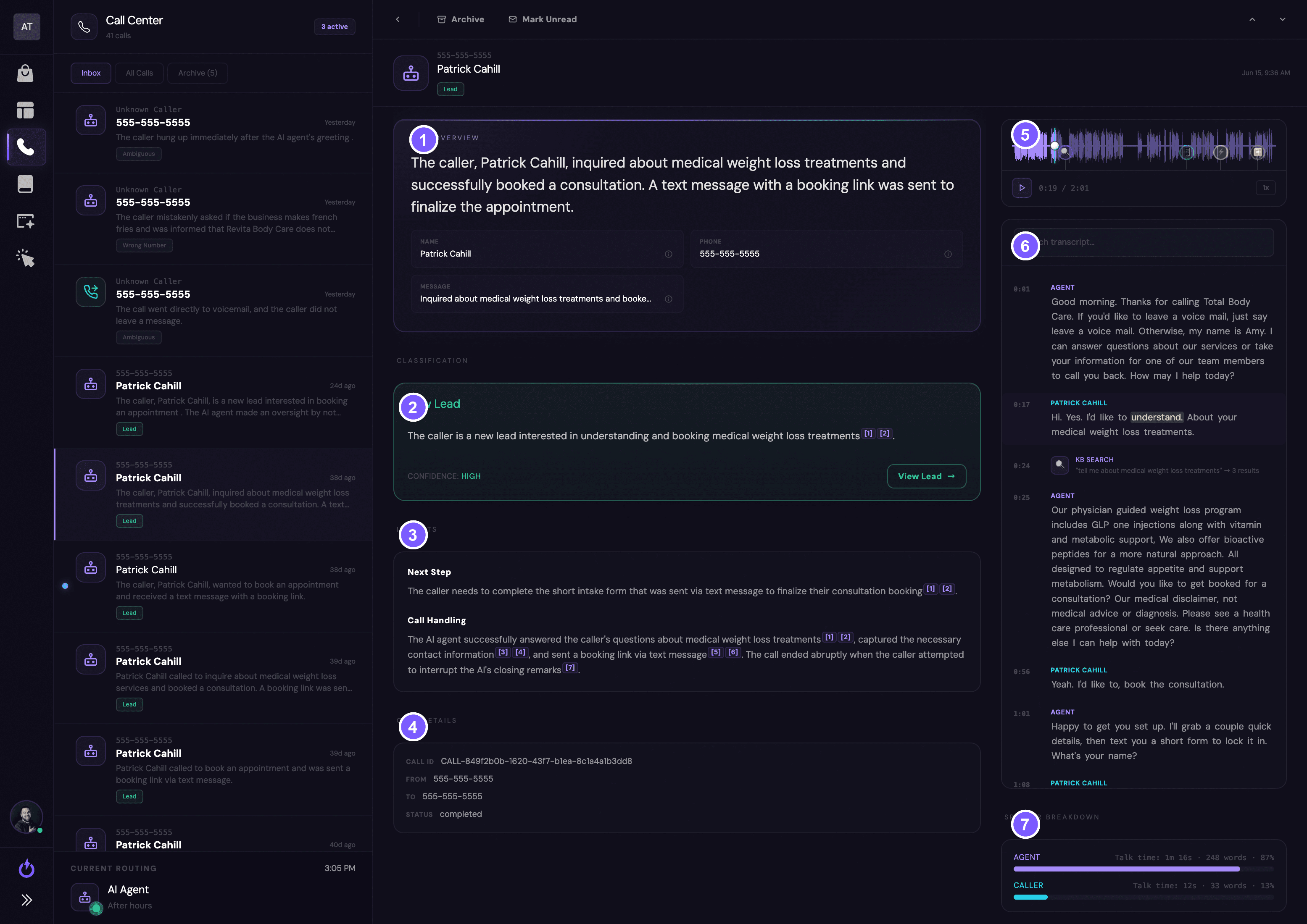 The call detail page with numbered sections: summary, classification, insights, call details, recording, transcript, and speaker breakdown