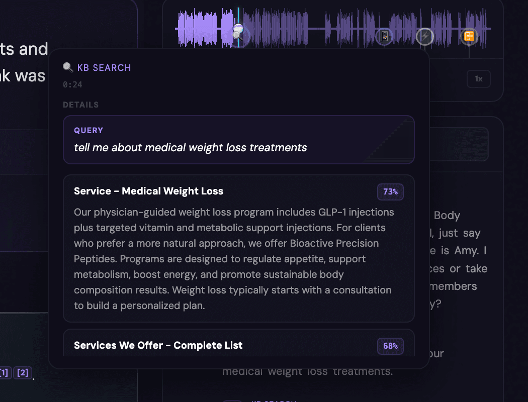 Hovering a tool-call marker on the audio timeline, showing the AI's knowledge base search — the query it ran and the matching entries with scores