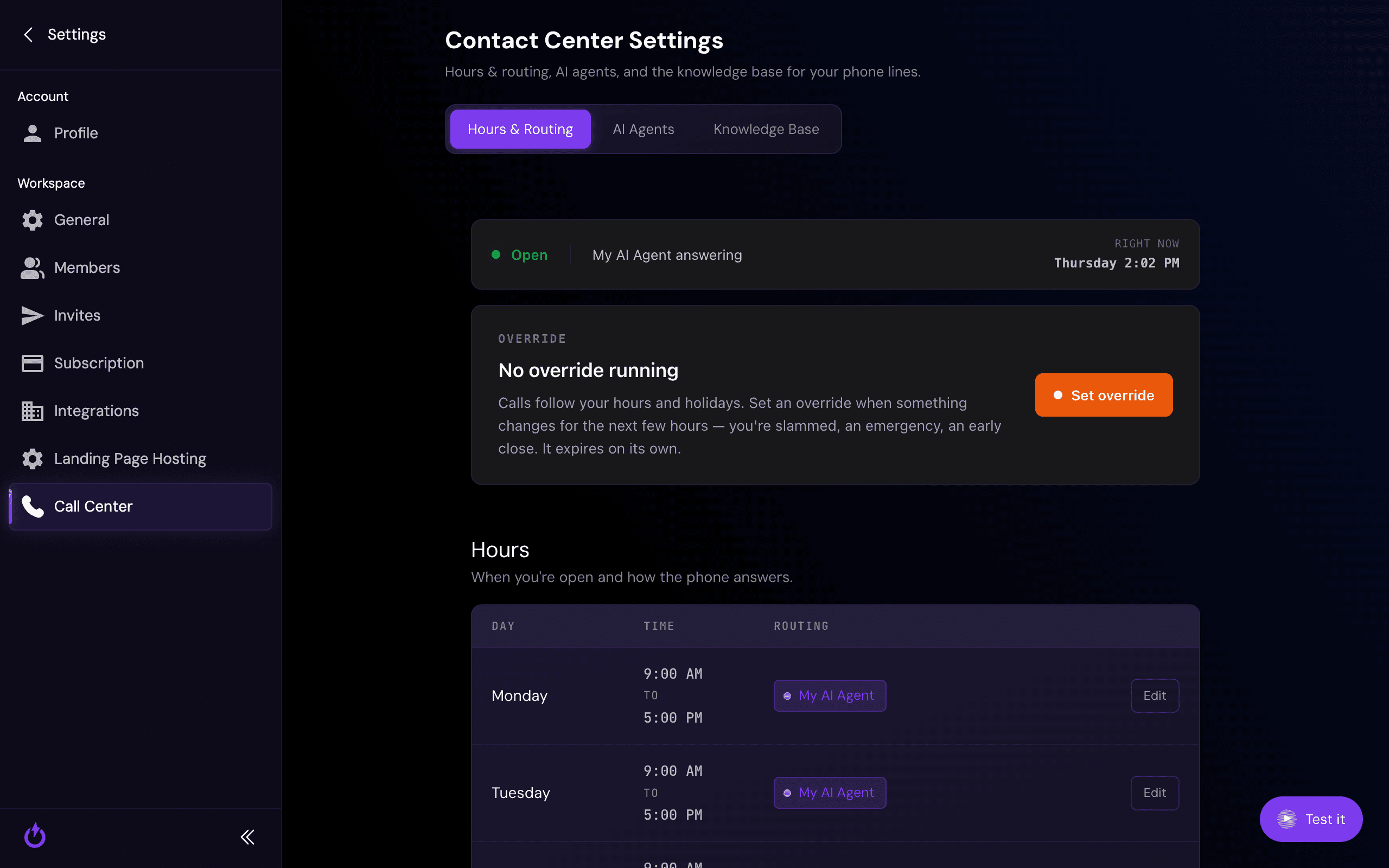 The Hours & Routing tab showing weekly hours and how each day is answered