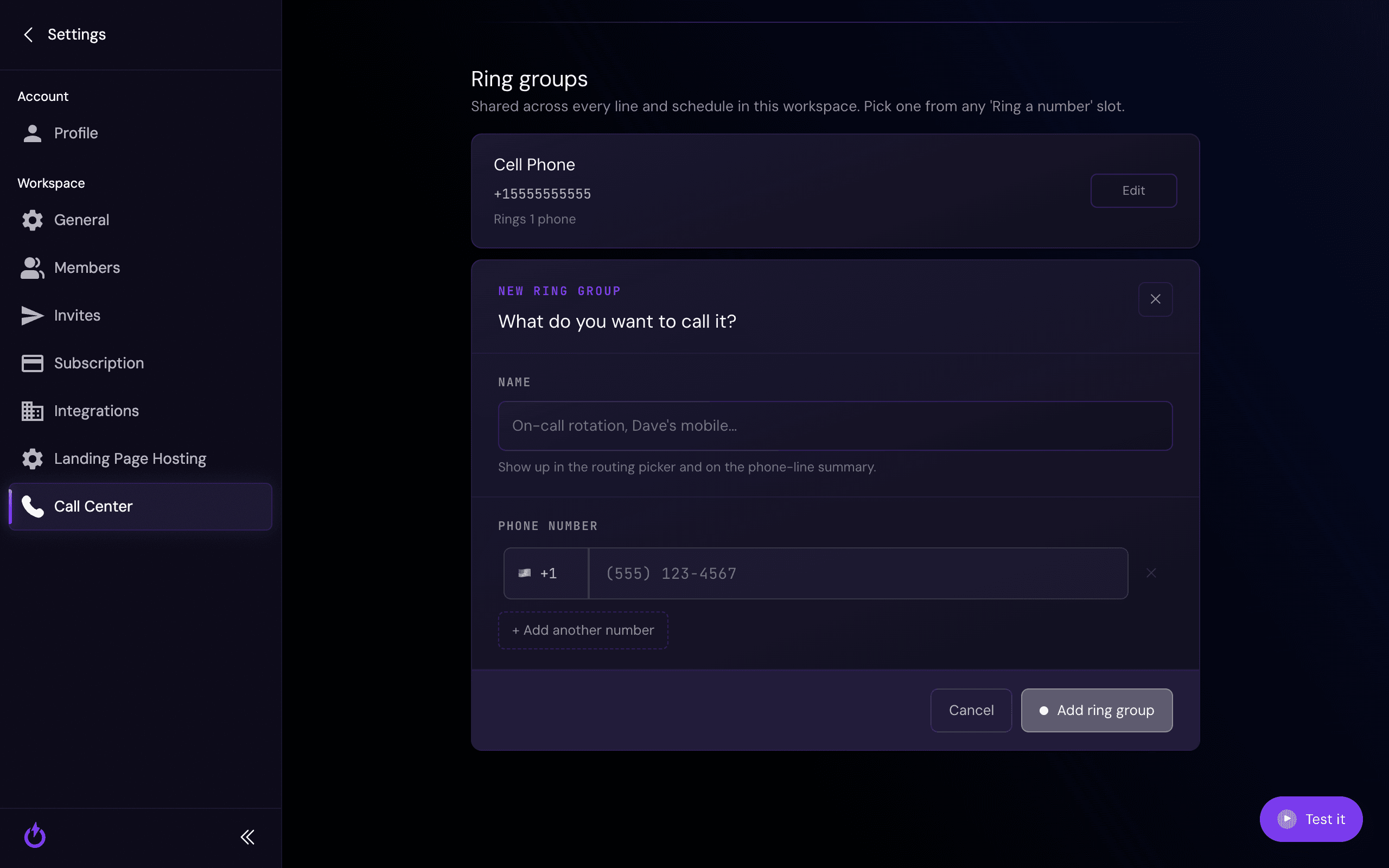 The New Ring Group form with a name and phone number fields