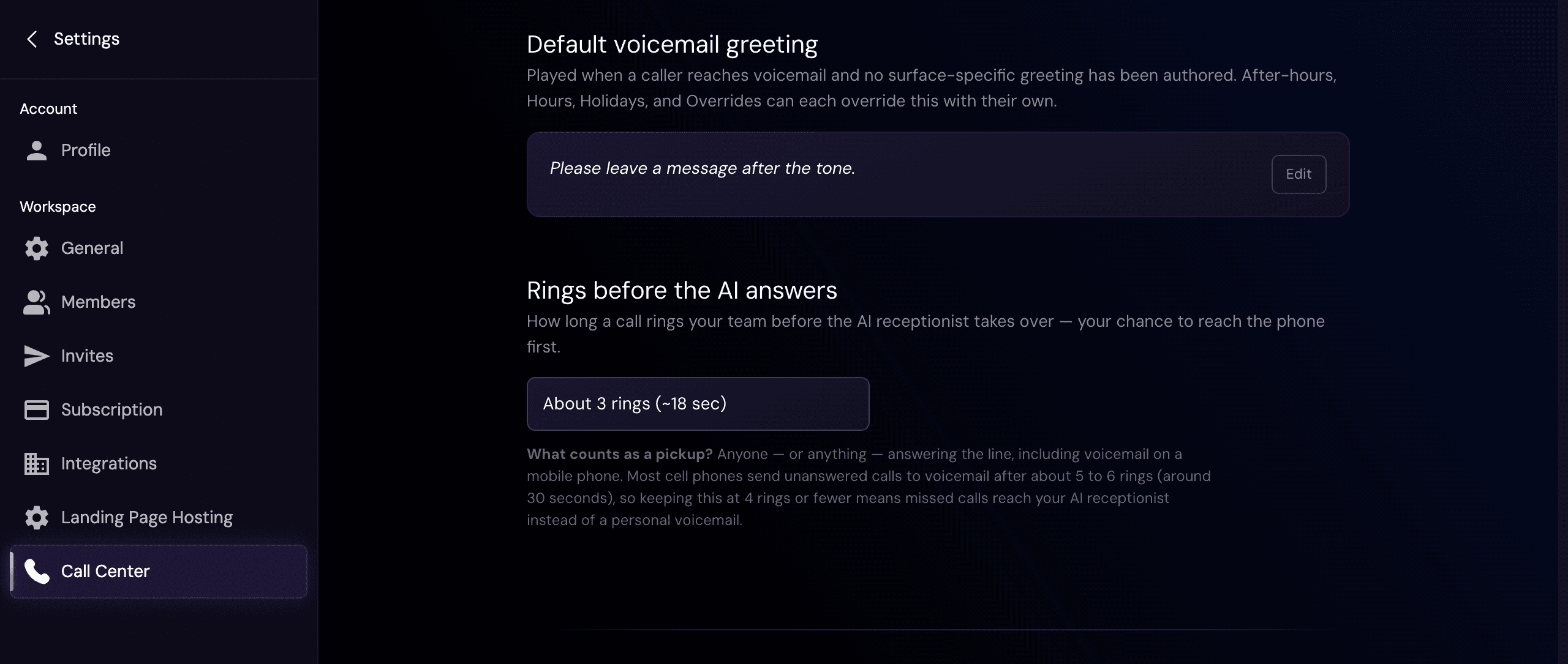 Default voicemail greeting and the "rings before the AI answers" setting, with what counts as a pickup