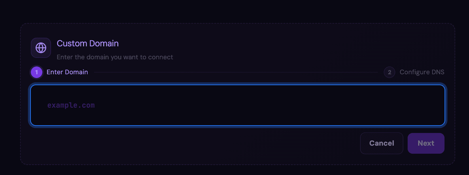 The Enter Domain step with a domain input and a Next button