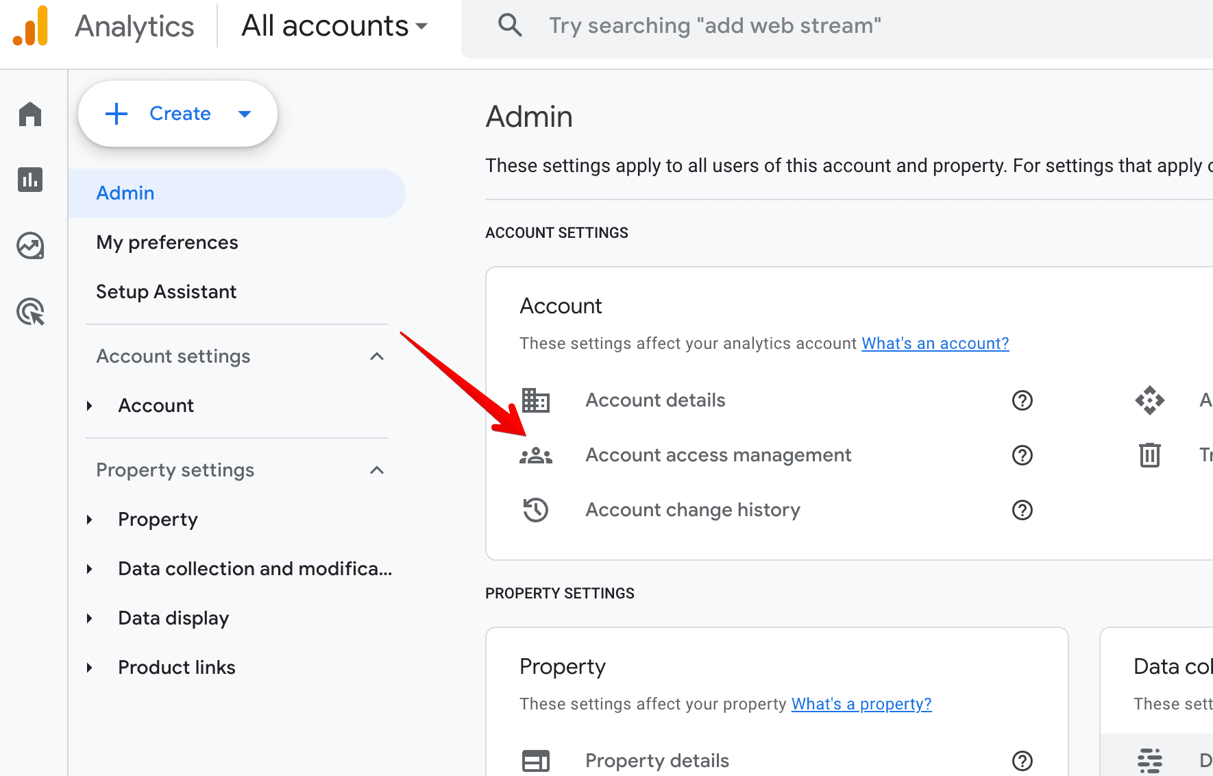 The GA4 Admin screen with "Account access management" highlighted