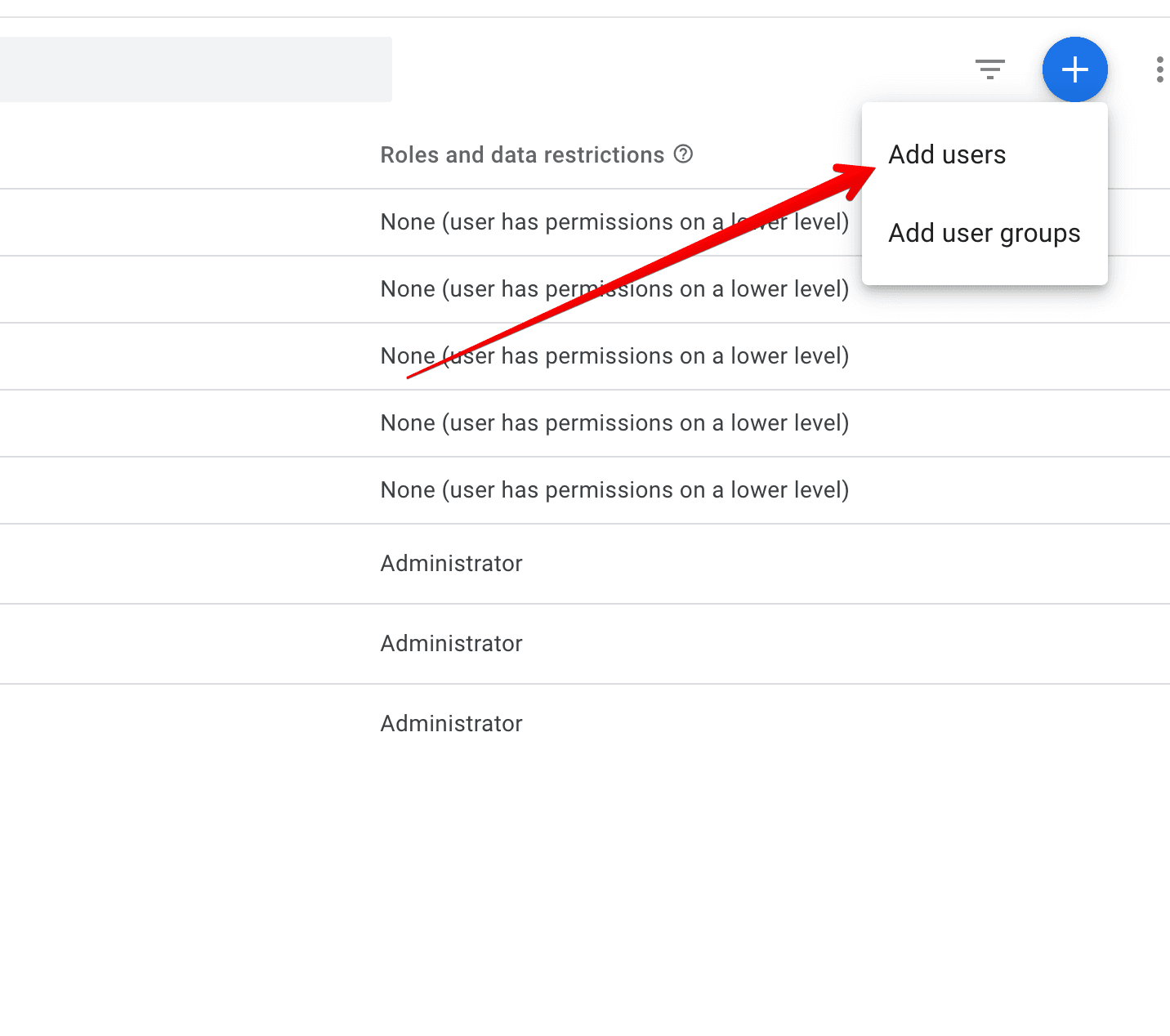 The account access screen with the + menu open and "Add users" highlighted
