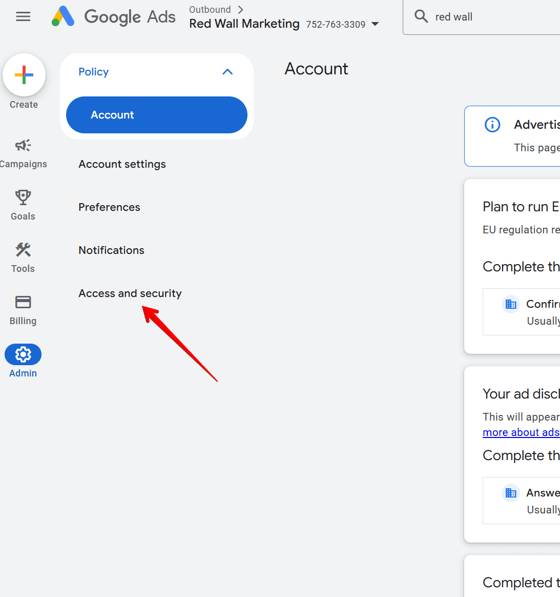 The Admin menu with Access and security highlighted