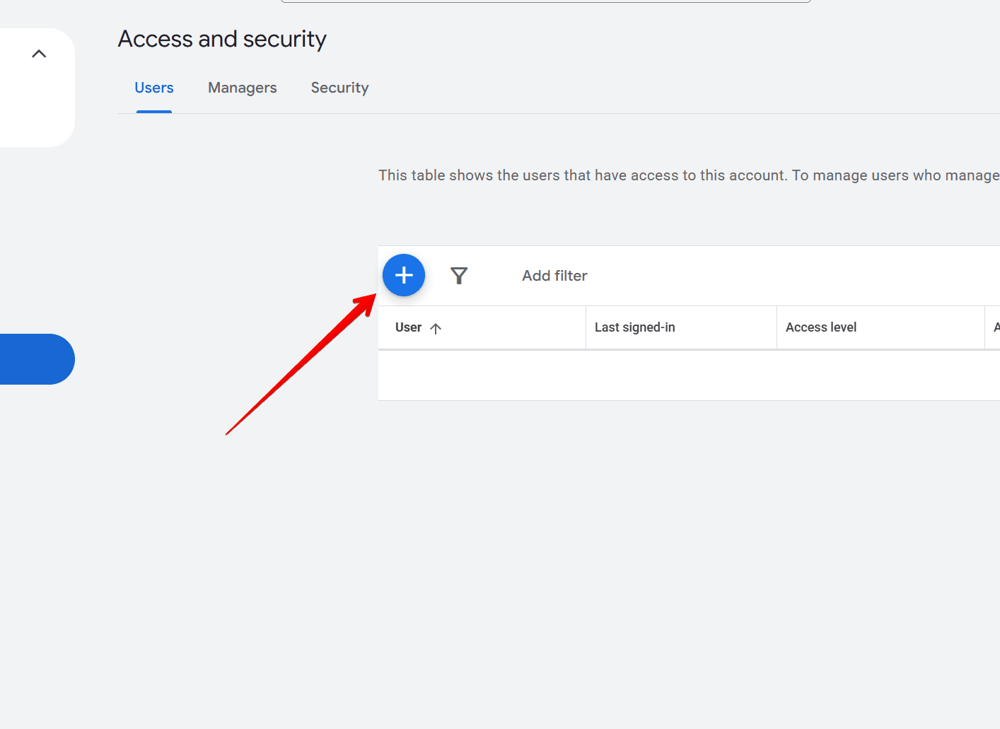 The Access and security screen with the blue plus icon highlighted under the Users tab