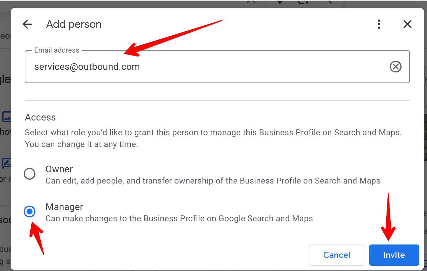 The Add person dialog with services@outbound.com entered, Manager selected, and the Invite button highlighted