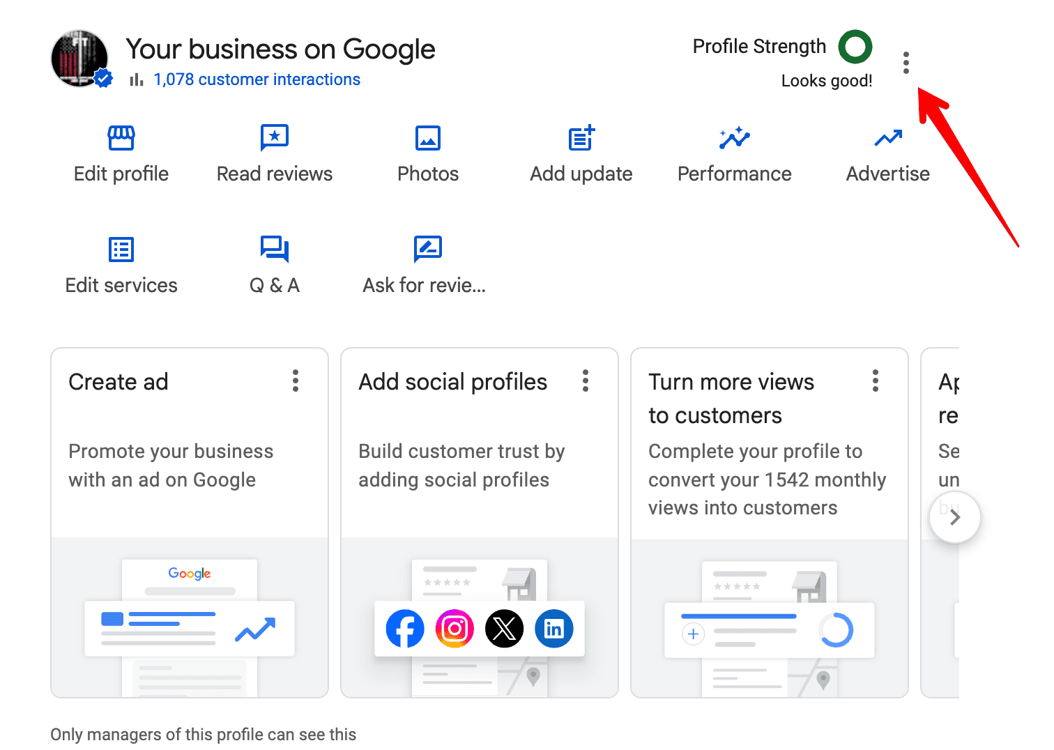 Your business panel on Google, with the three-dot menu at the top right