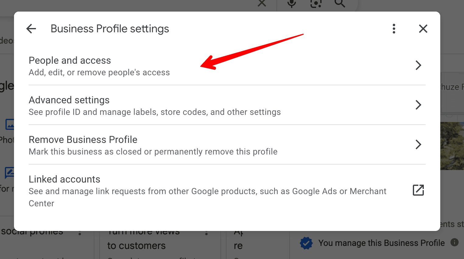 The settings list with People and access highlighted