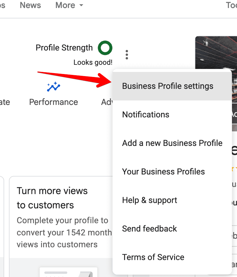 The menu with Business Profile Settings highlighted