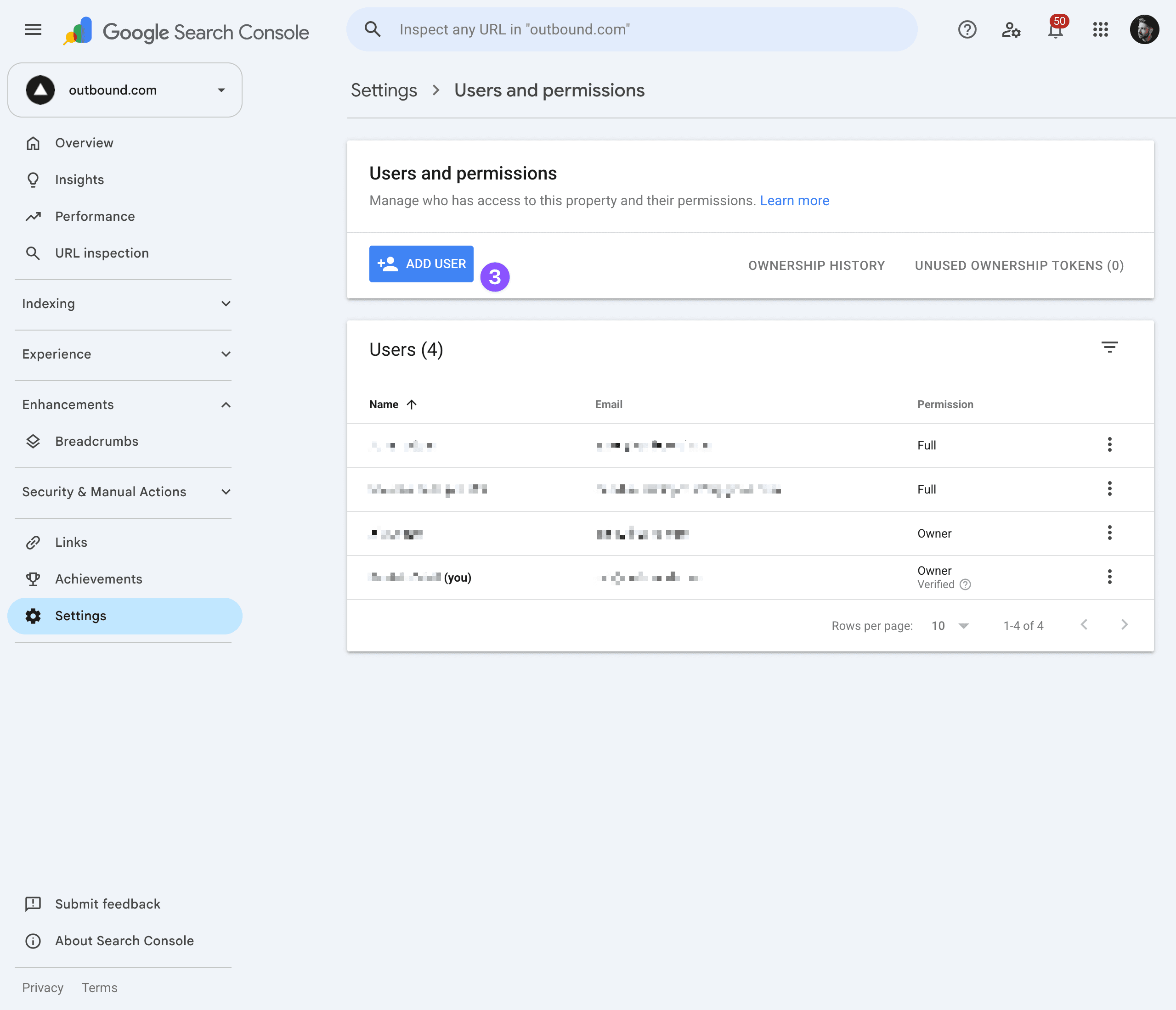 The Users and permissions page with the Add User button highlighted