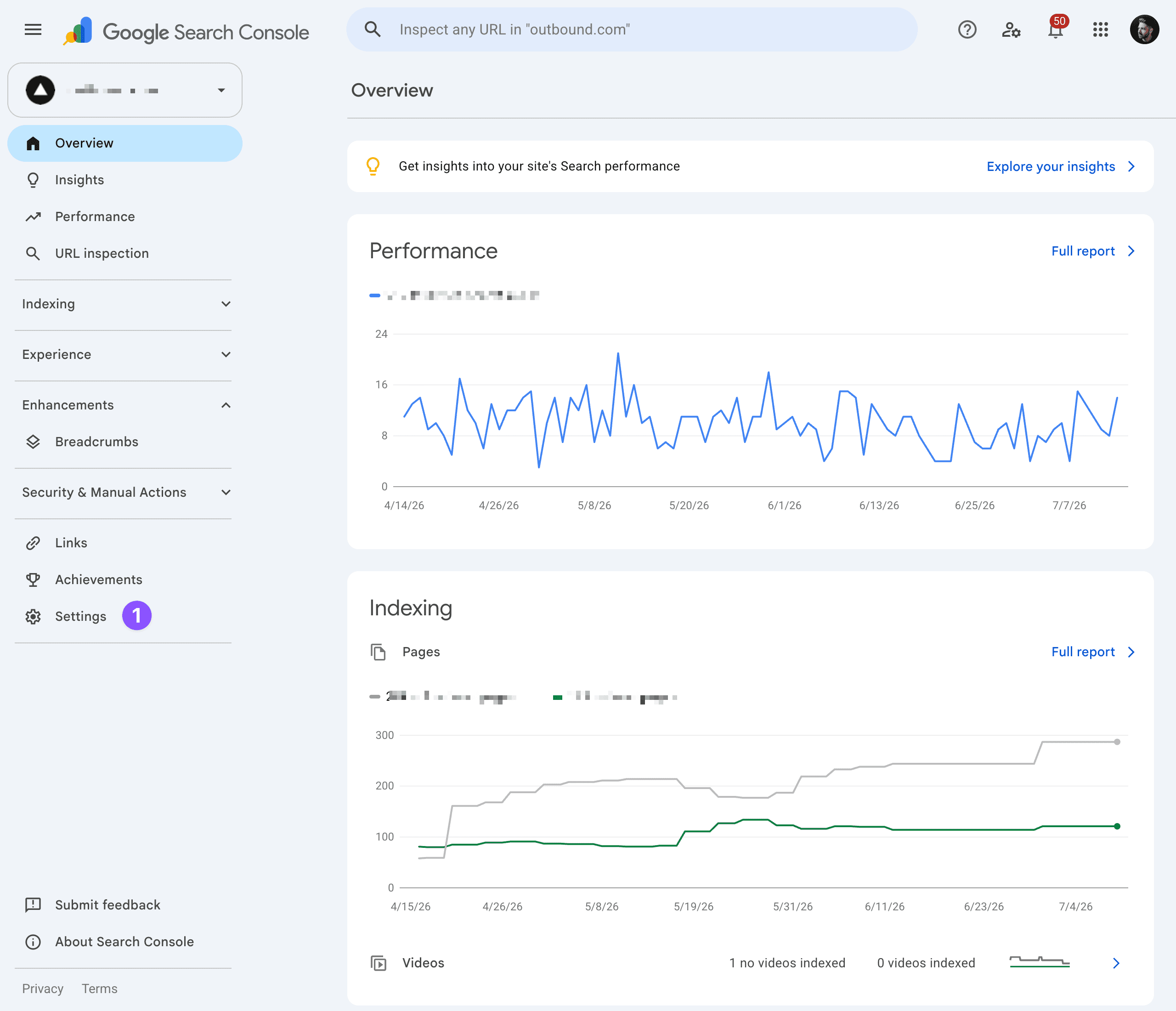 Google Search Console overview with Settings highlighted in the left menu