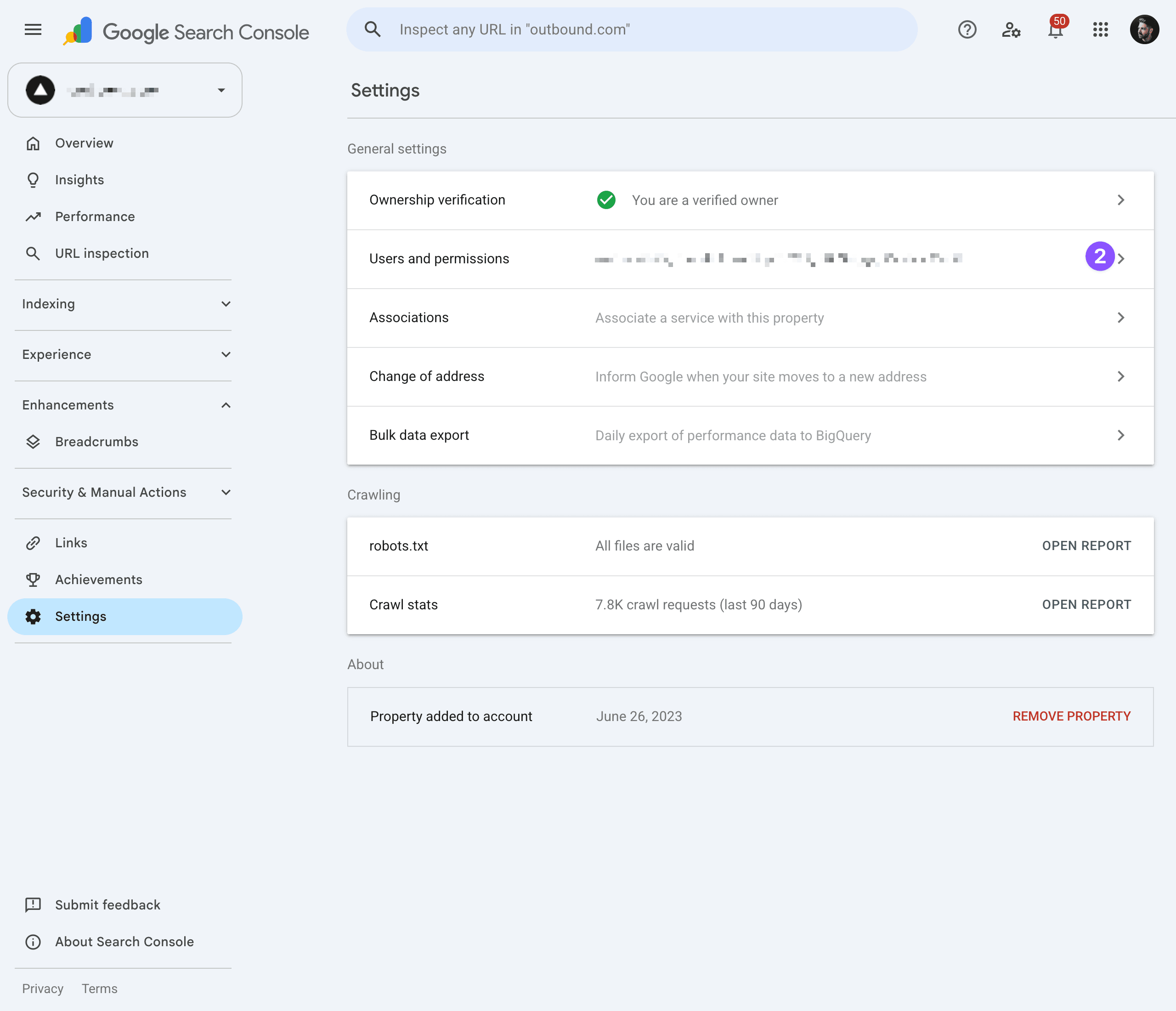 The Search Console Settings page with "Users and permissions" highlighted