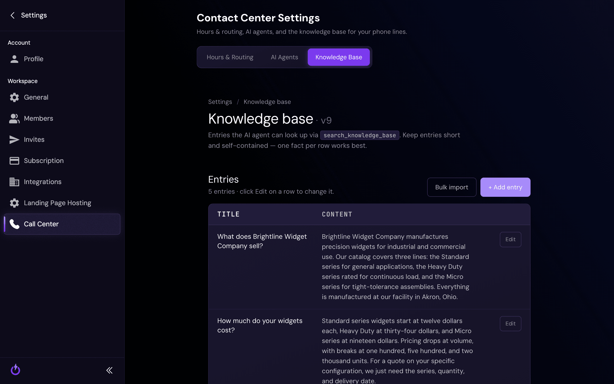 The Knowledge Base tab in Contact Center Settings, showing question-and-answer entries