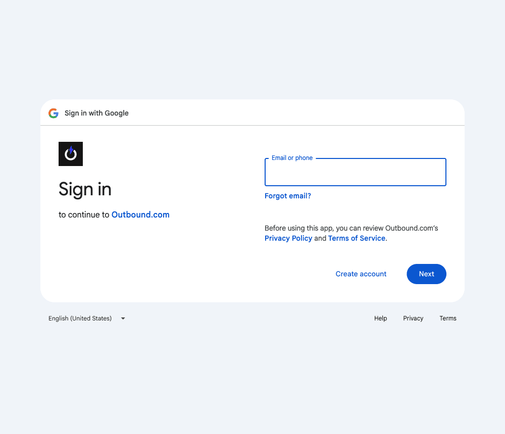 The Google sign-in screen, continuing to Outbound.com