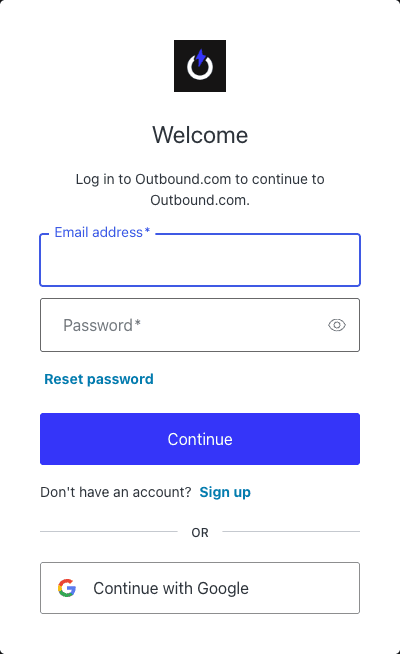 The Outbound.com login screen with email and password fields, and a Continue with Google button