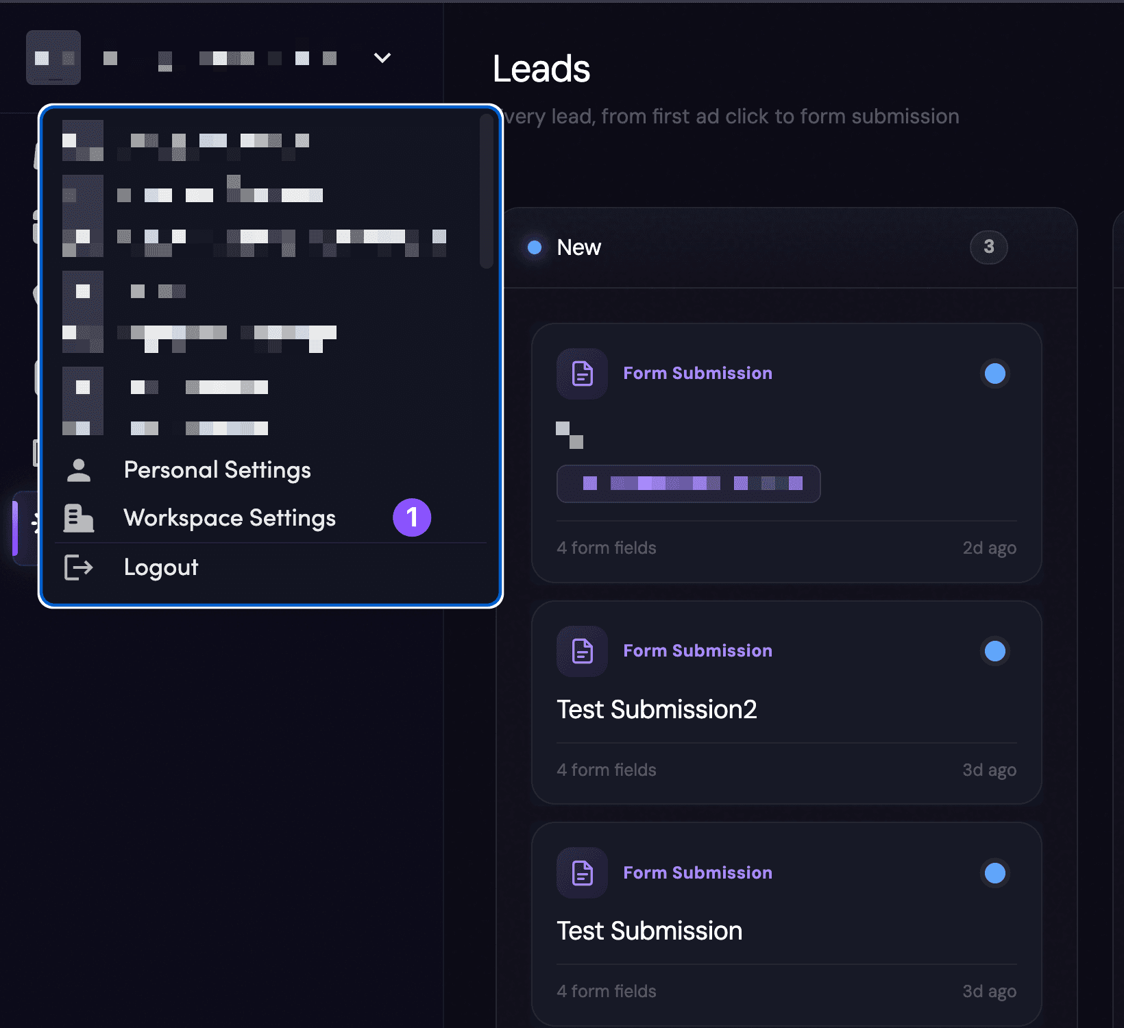 The workspace menu open with "Workspace Settings" highlighted